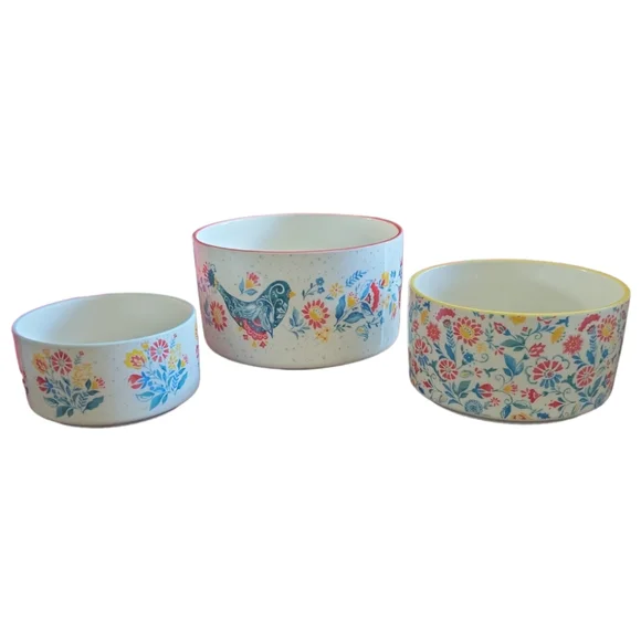 3 PIONEER WOMAN Floral Bird Round Stoneware Casserole Serving Bake Ware Bowls - Picture 3 of 11